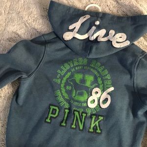 VS Pink hoodie zip up with writing on hood